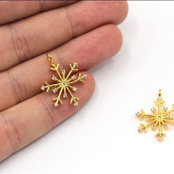 24k Shiny Gold Plated Snowflake Charm, CZ Micro Pave Snowflake Charm, 17x23mm - Picture 1 of 2